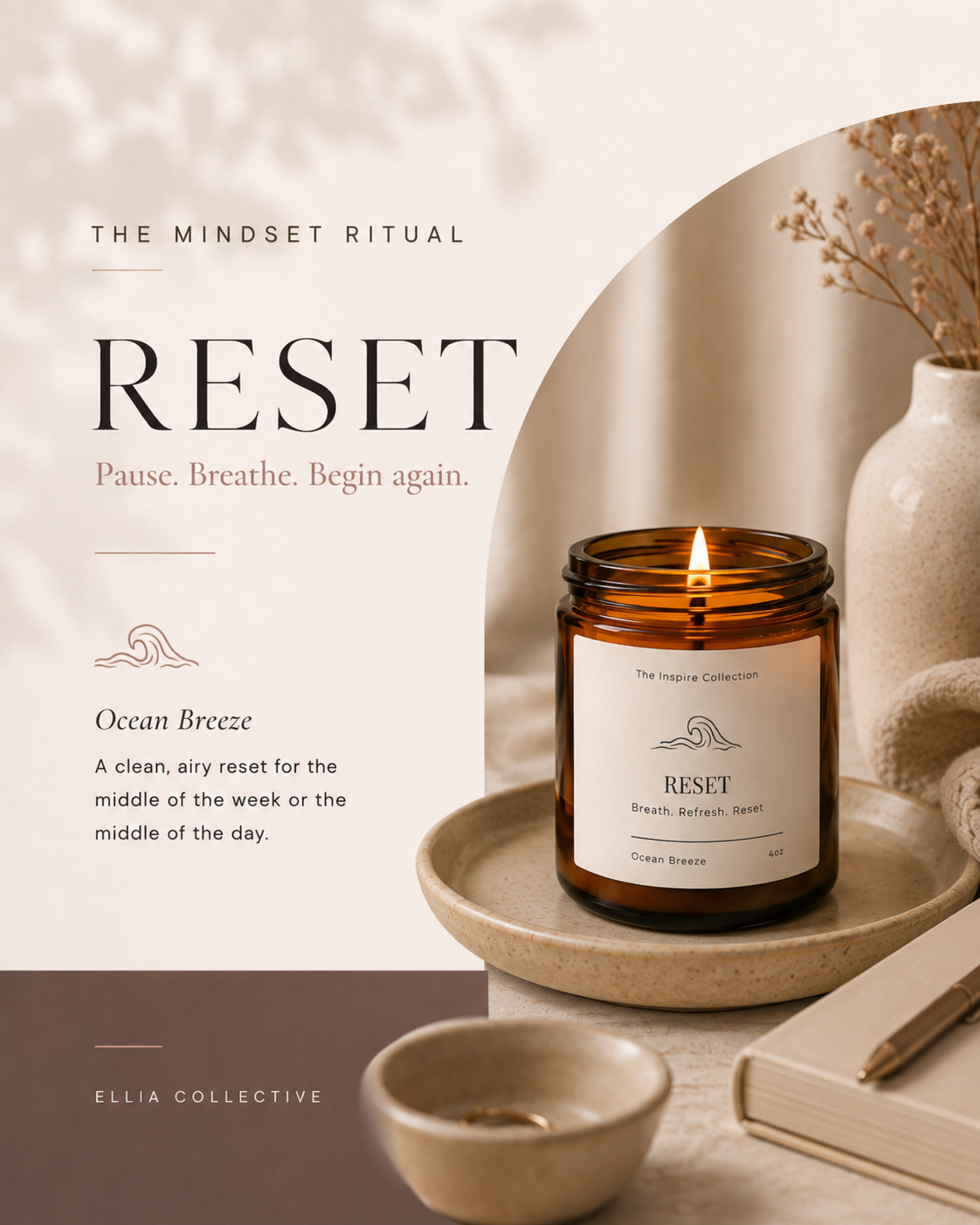 Reset Ocean Breeze Candle for Her, Stress Relief Gift, Mindfulness Candle, Encouragement Gift