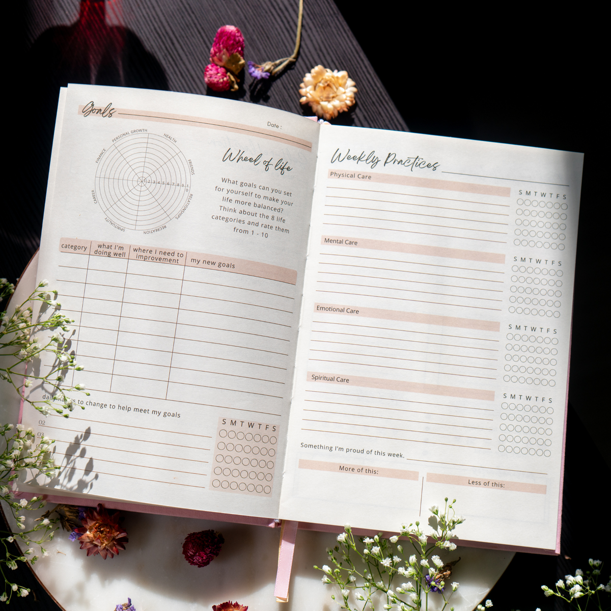 Open planner with goal-setting and life planning sections on a surface with flowers.